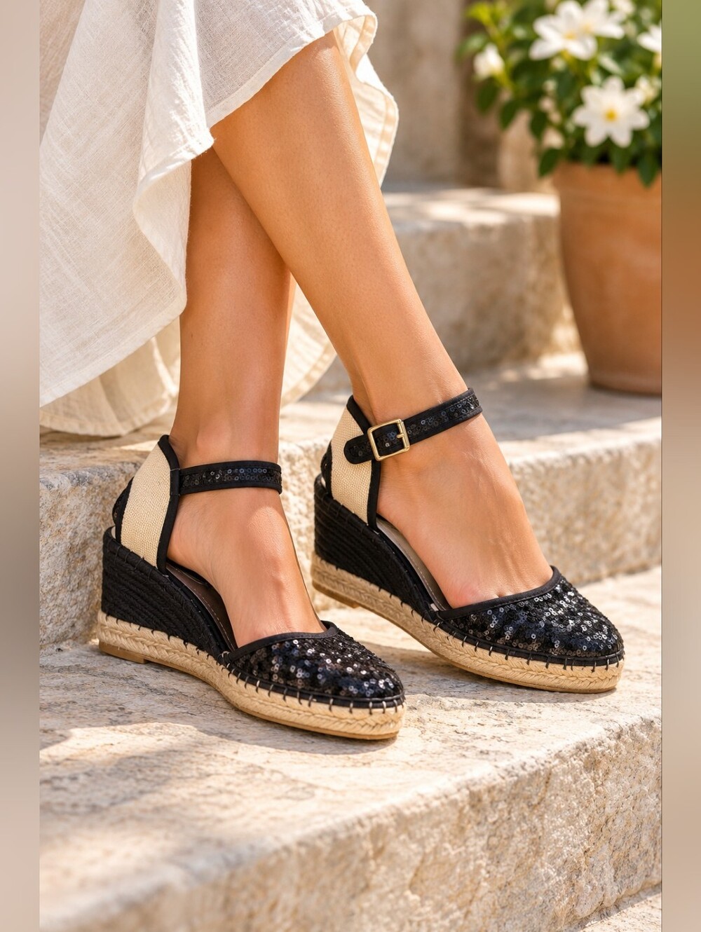 K Studio Black Sequin Espadrille Wedge Sandals Size 9